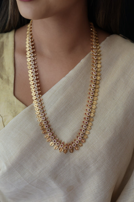 Heritage gold plated ruby white stone coin long necklace with earrins HL8002