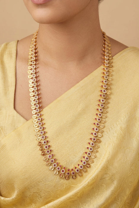 Heritage gold plated ruby white stone coin long necklace with earrins HL8002