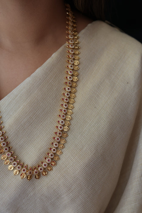 Heritage gold plated ruby white stone coin long necklace with earrins HL8002