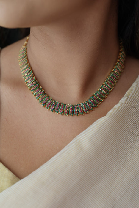 Heritage gold plated ruby green stone short necklace with earrings  H8033