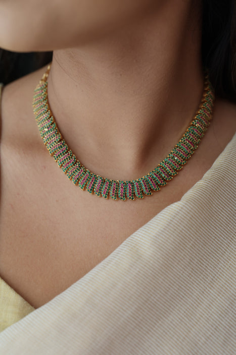 Heritage gold plated ruby green stone short necklace with earrings  H8033