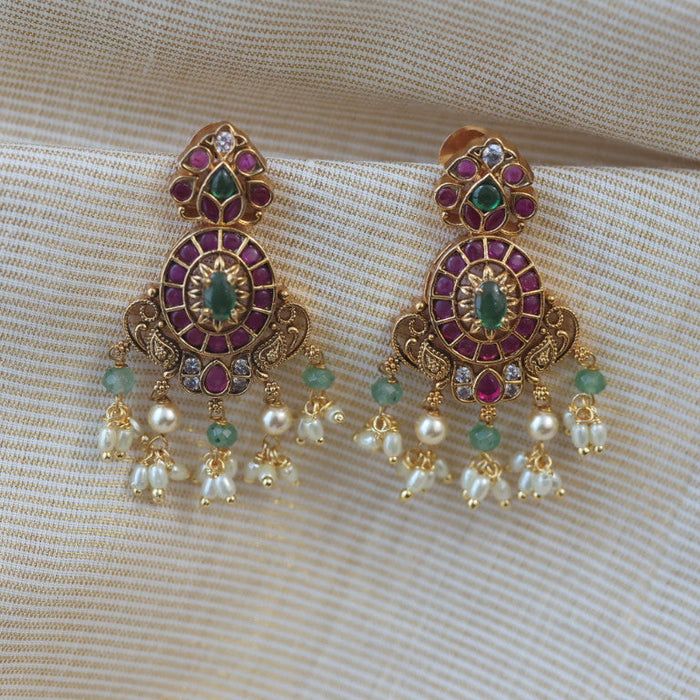 Heritage gold ruby stone and green pearl drop earrings AD7539