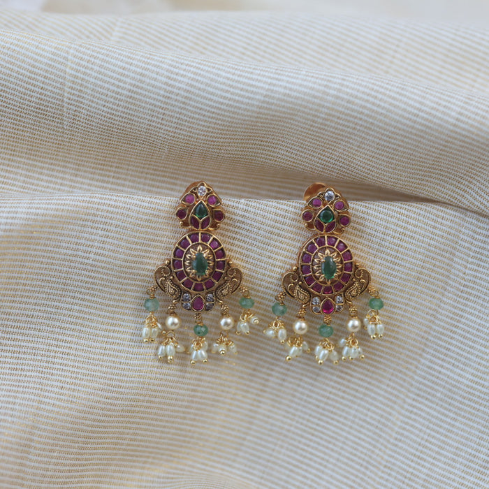 Heritage gold ruby stone and green pearl drop earrings AD7539