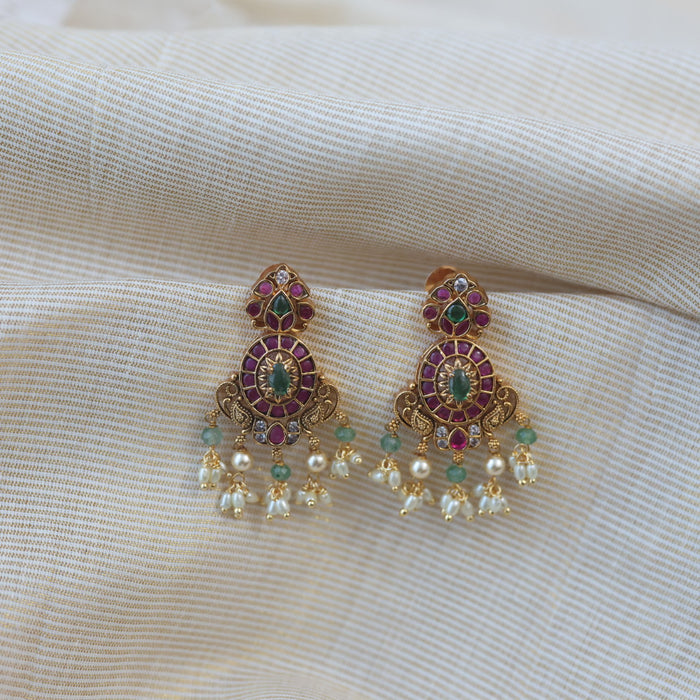 Heritage gold ruby stone and green pearl drop earrings AD7539