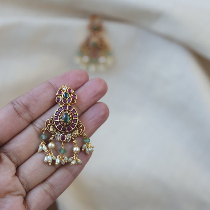 Heritage gold ruby stone and green pearl drop earrings AD7539