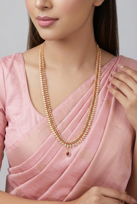 Heritage gold plated ruby white stone mango long necklace with earrings HL0922