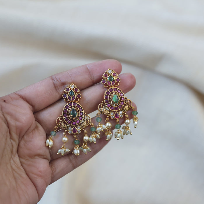 Heritage gold ruby stone and green pearl drop earrings AD7539