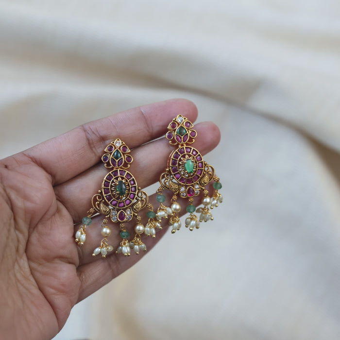 Heritage gold ruby stone and green pearl drop earrings AD7539