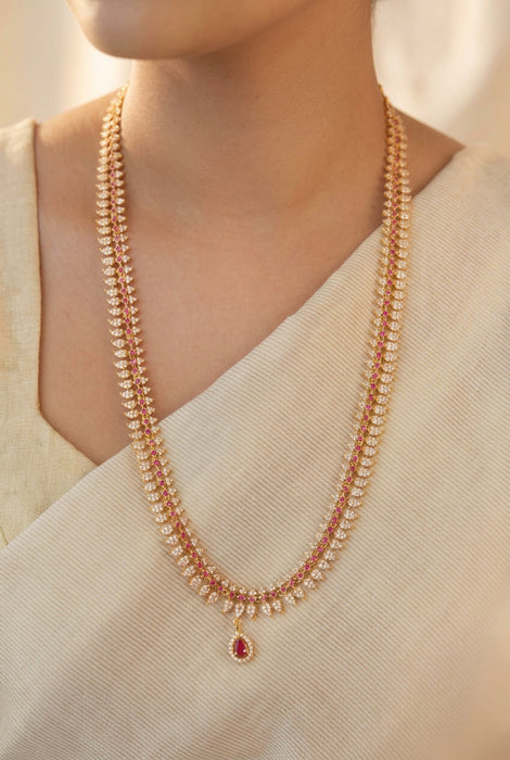 Heritage gold plated ruby white stone mango long necklace with earrings HL0922