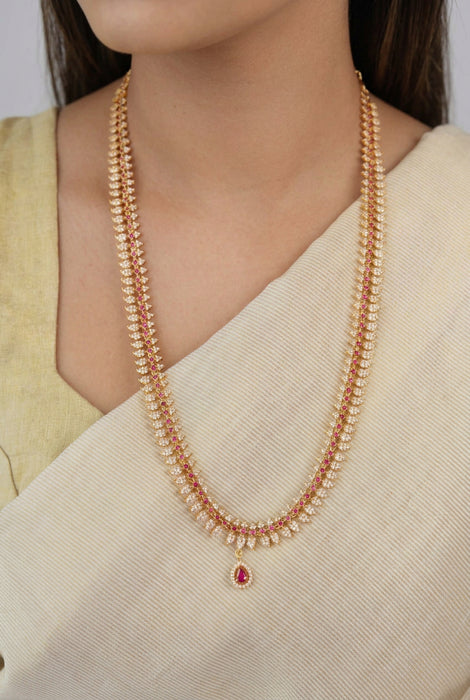 Heritage gold plated ruby white stone mango long necklace with earrings HL0922