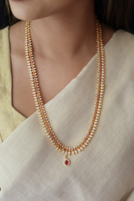 Heritage gold plated ruby white stone mango long necklace with earrings HL0922