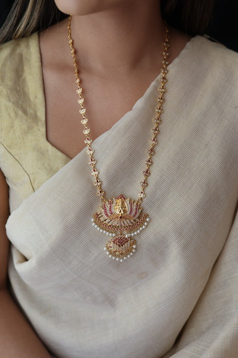 Heritage gold plated ruby white stone padakam long necklace HP7912