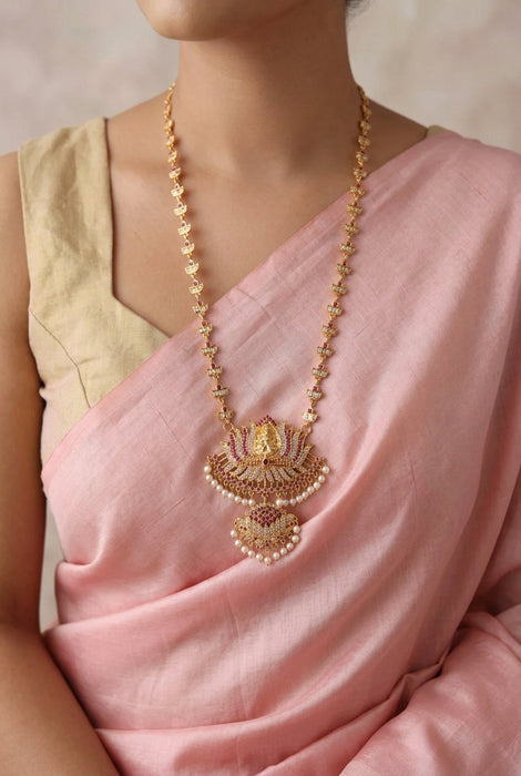 Heritage gold plated ruby white stone padakam long necklace HP7912