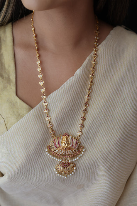 Heritage gold plated ruby white stone padakam long necklace HP7912