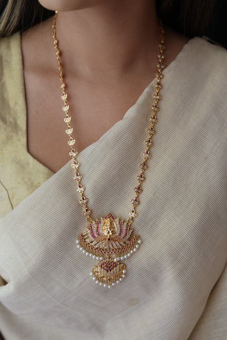 Heritage gold plated ruby white stone padakam long necklace HP7912