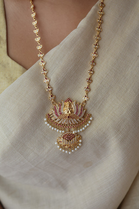 Heritage gold plated ruby white stone padakam long necklace HP7912