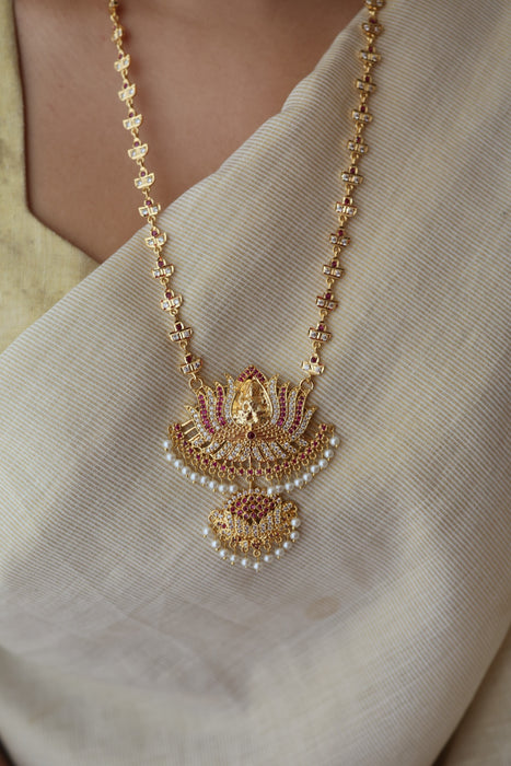 Heritage gold plated ruby white stone padakam long necklace HP7912