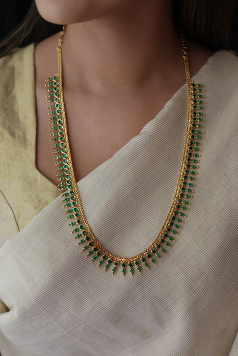 Heritage gold plated green stone long necklace with earrings  HL98991