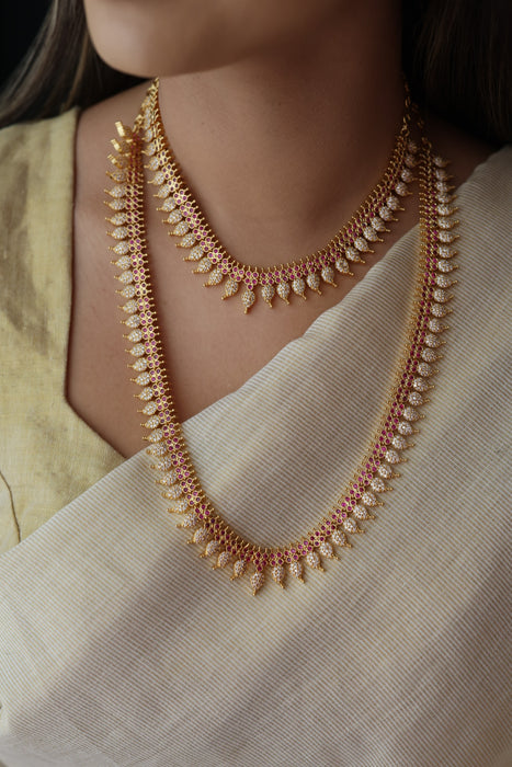 Heritage gold plated ruby white stone mango long  and short necklace HLS78923