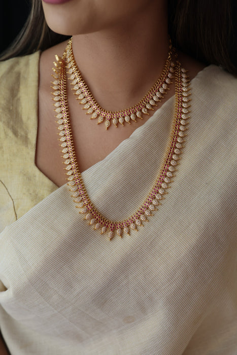 Heritage gold plated ruby white stone mango long  and short necklace HLS78923