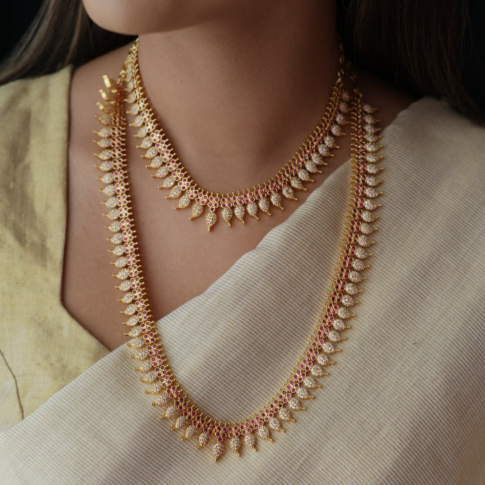 Heritage gold plated ruby white stone mango long  and short necklace HLS78923