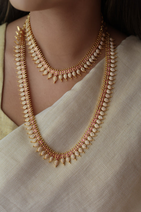 Heritage gold plated ruby white stone mango long  and short necklace HLS78923