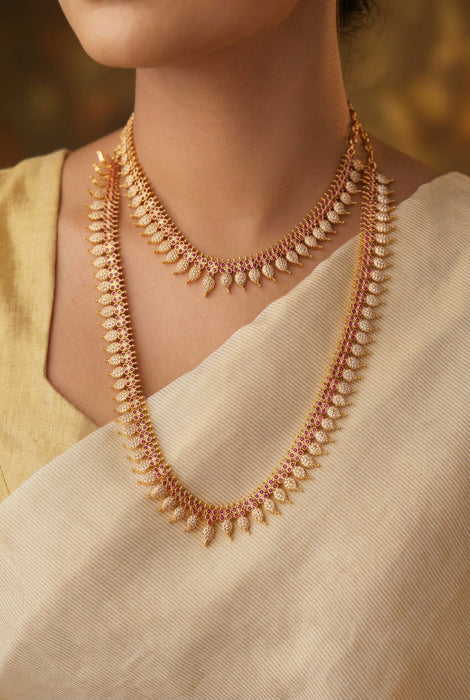 Heritage gold plated ruby white stone mango long  and short necklace HLS78923