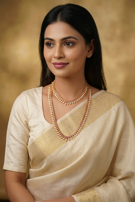 Heritage gold plated ruby white stone mango long  and short necklace HLS78923