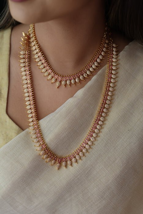 Heritage gold plated ruby white stone mango long  and short necklace HLS78923