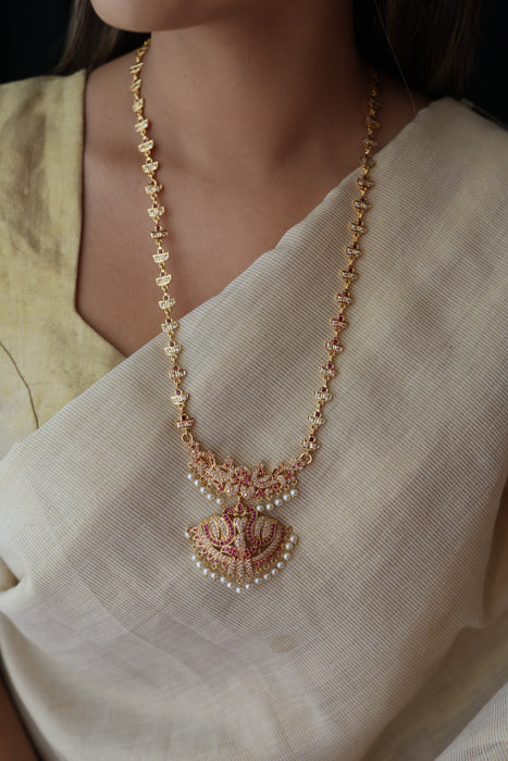 Heritage gold plated ruby white stone padakam long necklace HP8023