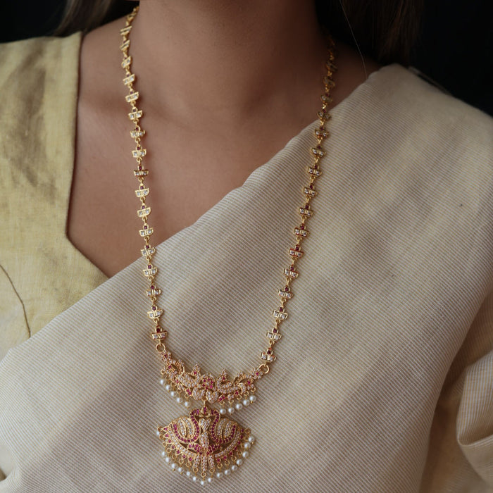 Heritage gold plated ruby white stone padakam long necklace HP8023