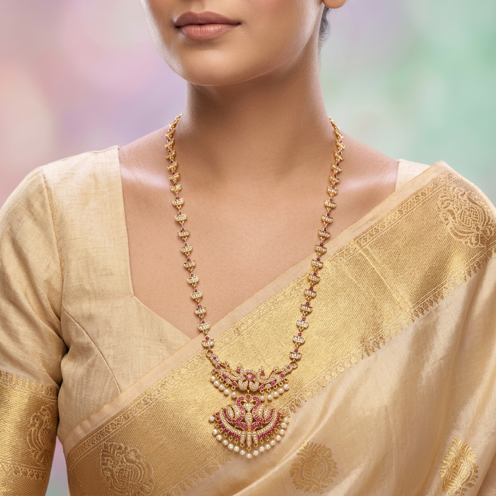 Heritage gold plated ruby white stone padakam long necklace HP8023