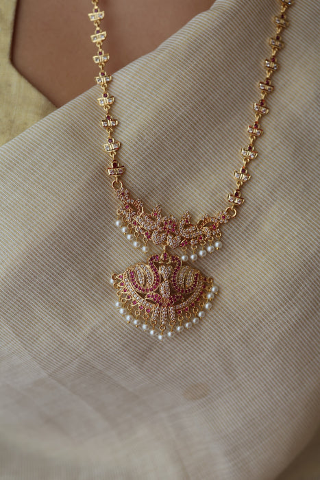 Heritage gold plated ruby white stone padakam long necklace HP8023