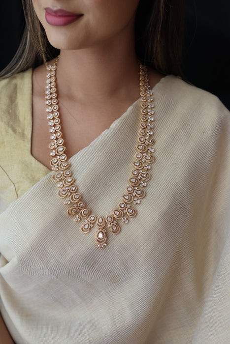 Heritage gold plated white stone long necklace with earrings  HLS893