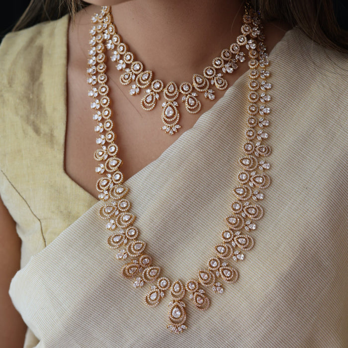 Heritage gold plated white stone long necklace with earrings  HLS893
