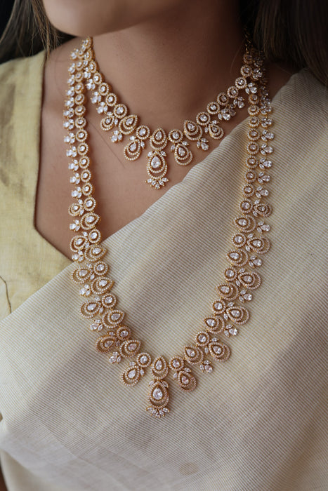 Heritage gold plated white stone long necklace with earrings  HLS893