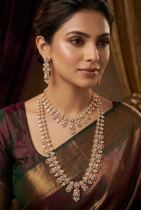 Heritage gold plated white stone long necklace with earrings  HLS893