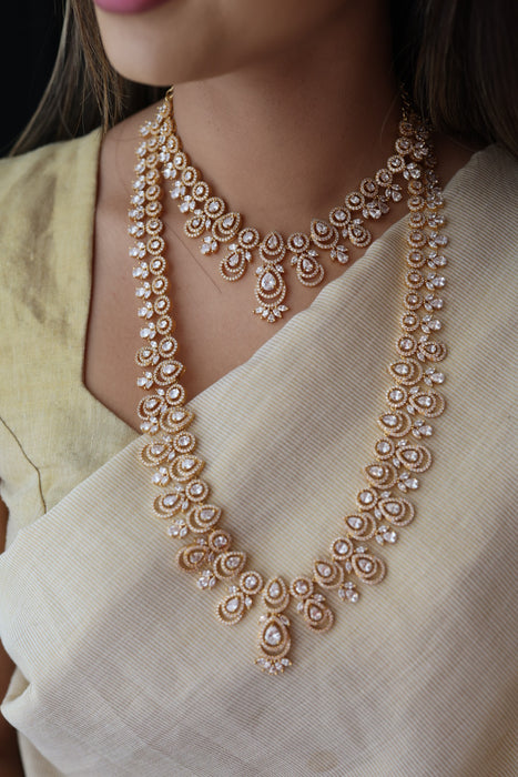 Heritage gold plated white stone long necklace with earrings  HLS893