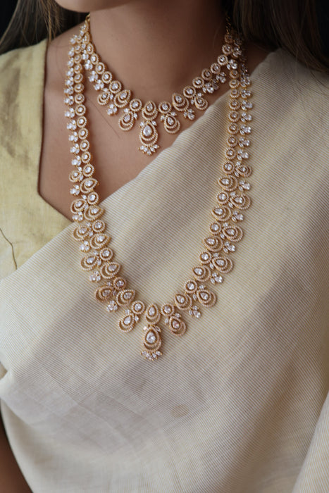 Heritage gold plated white stone long necklace with earrings  HLS893