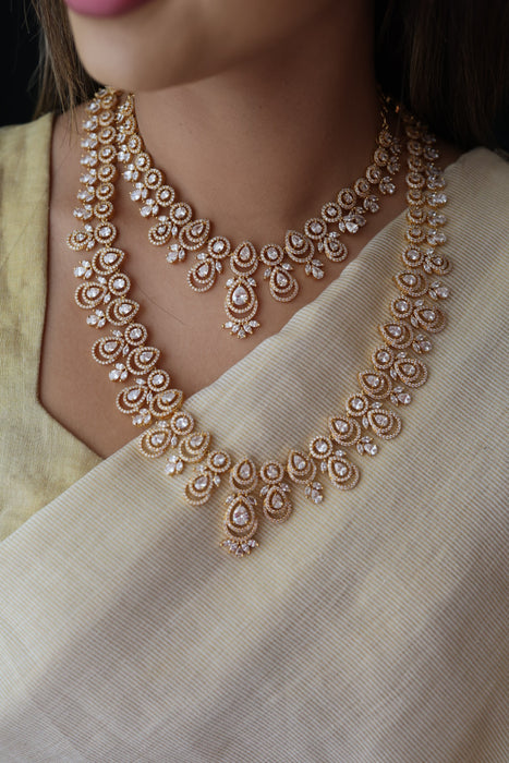 Heritage gold plated white stone long necklace with earrings  HLS893
