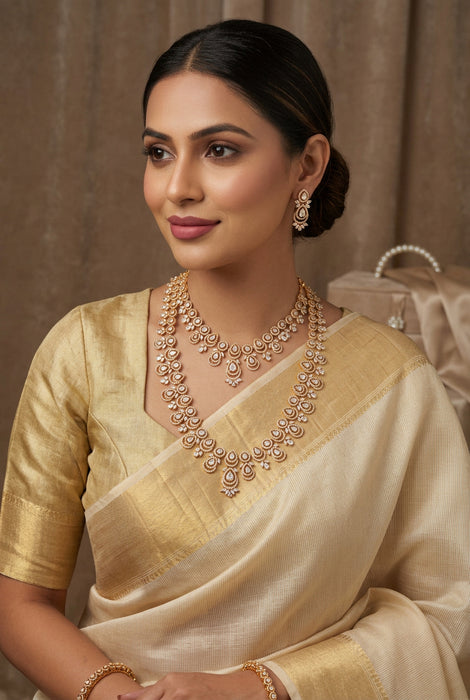Heritage gold plated white stone long necklace with earrings  HLS893