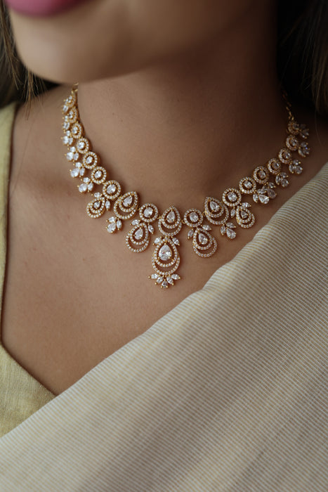 Heritage gold plated white stone long necklace with earrings  HLS893