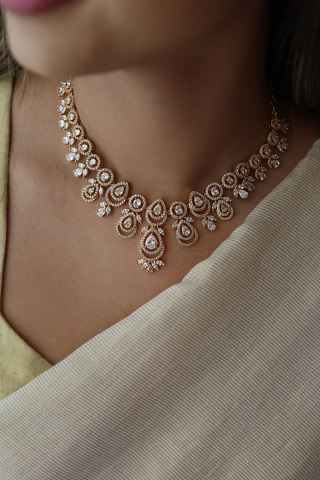 Heritage gold plated white stone long necklace with earrings  HLS893