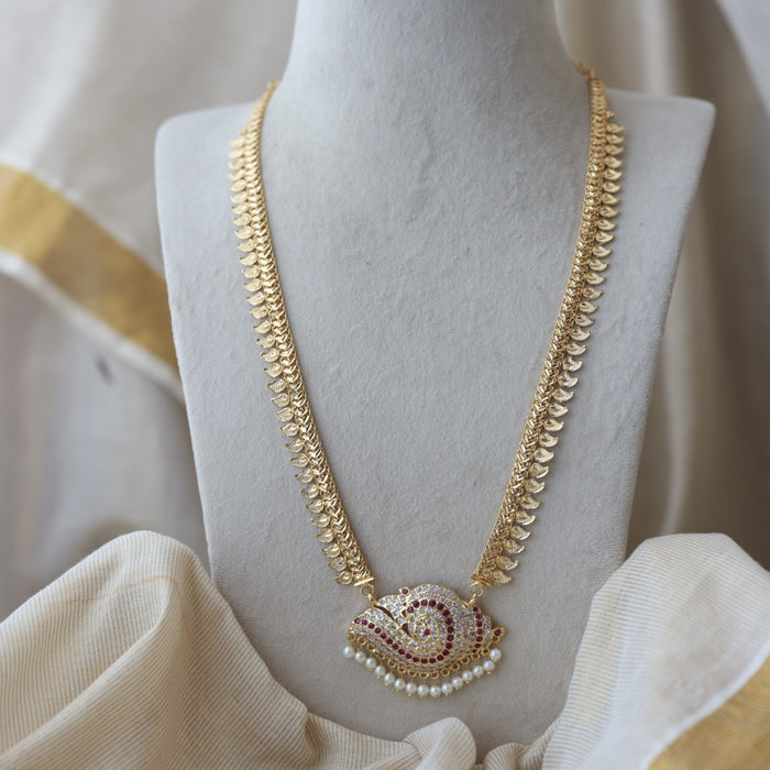 Heritage gold plated ruby white stone mango long necklace HLW002
