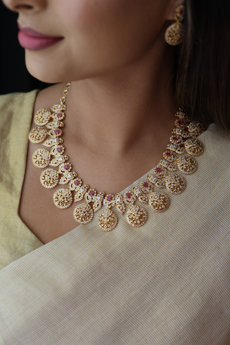 Heritage gold plated ruby white stone coin short necklace with earrings  H8193
