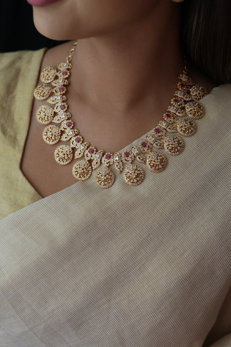 Heritage gold plated ruby white stone coin short necklace with earrings  H8193