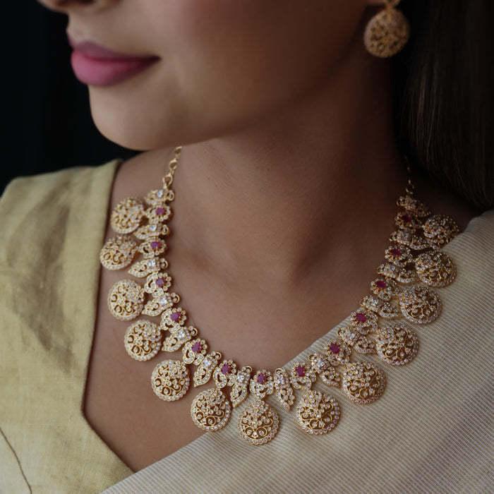 Heritage gold plated ruby white stone coin short necklace with earrings  H8193