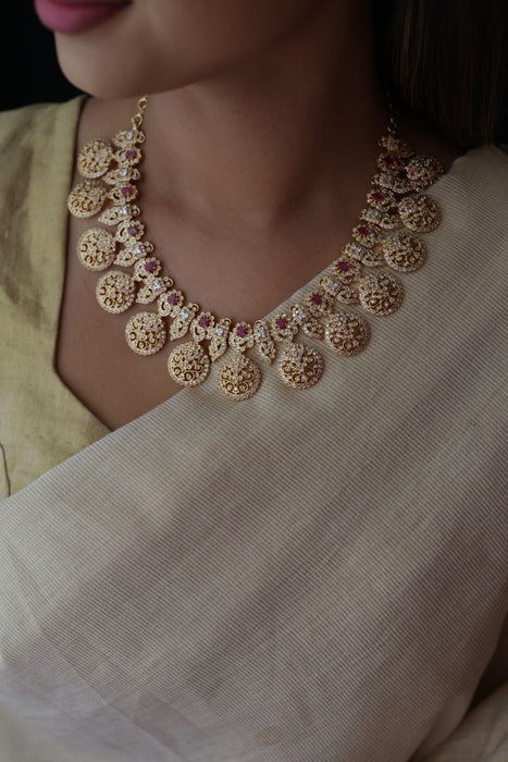 Heritage gold plated ruby white stone coin short necklace with earrings  H8193