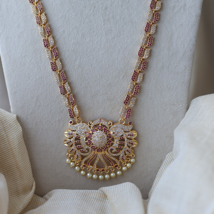 Heritage gold plated ruby white stone padakam long necklace HL7912