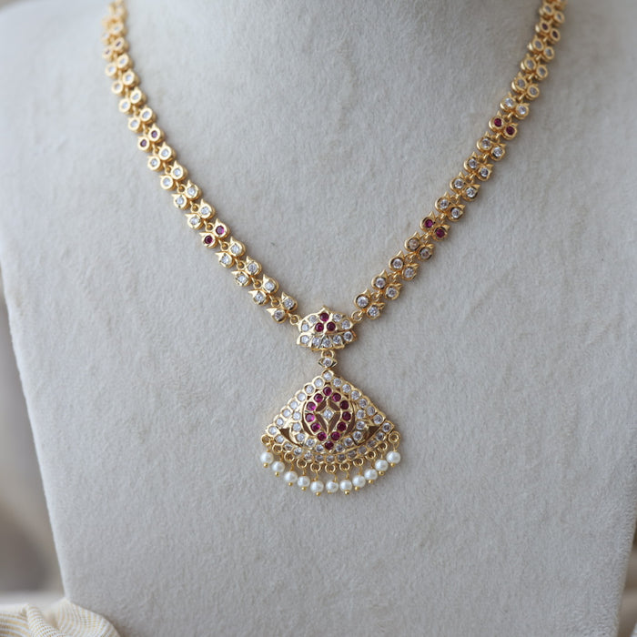 Heritage gold plated ruby white stone short necklace with earrings H6789
